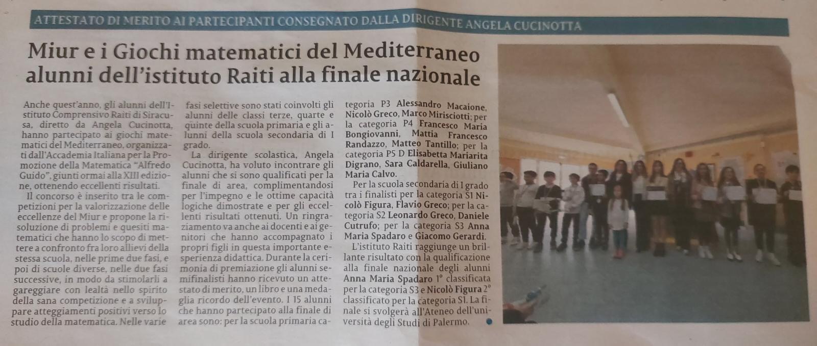 PARTECIPAZIONE ALLA FINALE NAZIONALE GIOCHI MATEMATICI DEL MEDITERRANEO ...